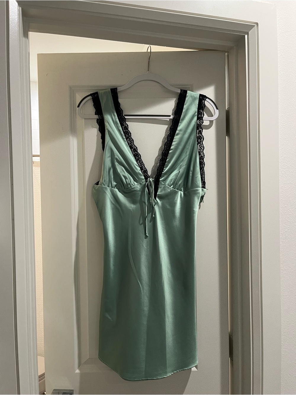 Cotton Candy Mint Green Satin Chemise with Black Lace Trim